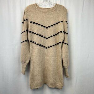 Lush Womens Tunic Sweater Beige Black Long Sleeve Jewel Neck Waffle Knit Small